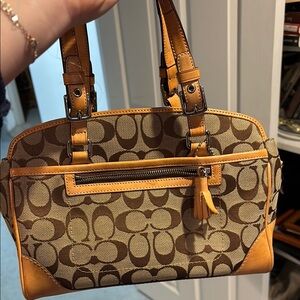 Coach Brown and Tan Shoulder Bag with Signature Pattern